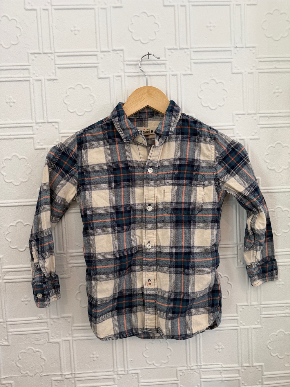 Mini Boden Plaid Button-Down Shirt in Blue & Cream with Rust Accents